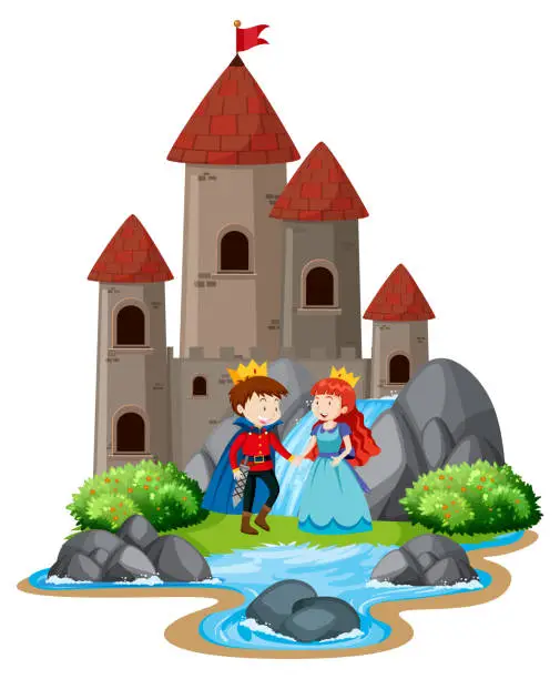 Vector illustration of Scene with prince and princess by the big castle towers