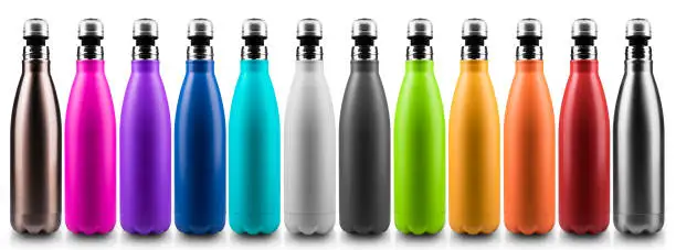 Photo of Colorful reusable stainless thermo bottles for water or another liquid, half open cap. Steel eco bottle, no plastic. Isolated on white background.