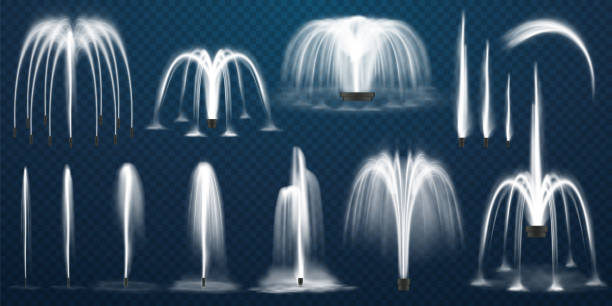 Realistic set of vector fountains. Water jets and white stream of 3d fountain on transparent background. Park or garden aqua decoration, summer cascading liquid splash and spray. Geometric curve Realistic set of vector fountains. Water jets and white stream of 3d fountain on transparent background. Park or garden aqua decoration, summer cascading liquid splash and spray. Geometric curve fountains stock illustrations