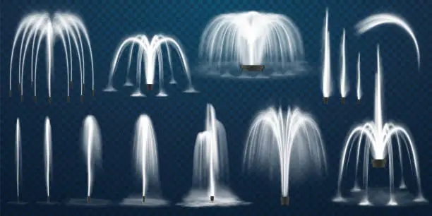 Vector illustration of Realistic set of vector fountains. Water jets and white stream of 3d fountain on transparent background. Park or garden aqua decoration, summer cascading liquid splash and spray. Geometric curve