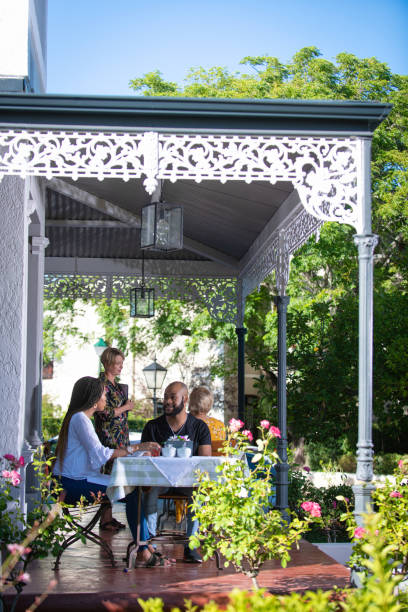 Couple on a restaurant veranda having a meal