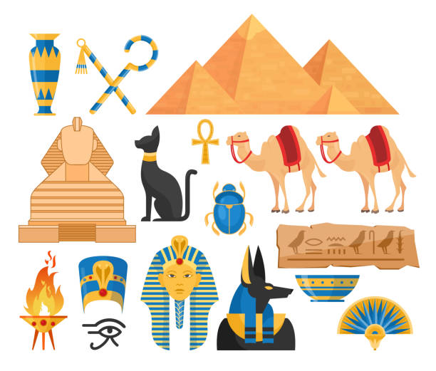 ilustrações, clipart, desenhos animados e ícones de símbolos antigos do egito são conjunto de ilustrações vetoras coloridas - monument tomb awe statue