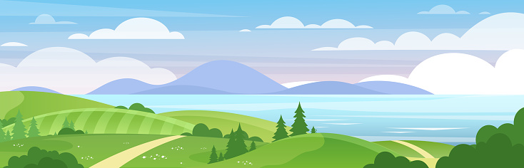 Sea and mountains landscape flat vector illustration. Beautiful summer nature view. Green hills with trees and blue mountain lake, sky with white clouds. Resort, recreational place for tourists