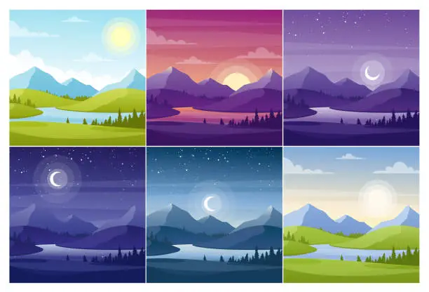 Vector illustration of Nature landscapes at different day time flat vector illustrations set