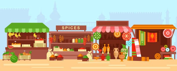 illustrations, cliparts, dessins animés et icônes de bazar oriental, illustration plate de vecteur de marché de rue - spice store