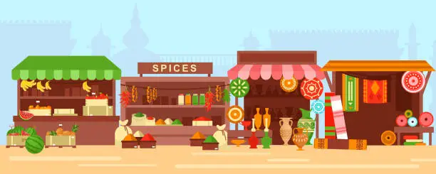 Vector illustration of Eastern bazaar, street market flat vector illustration