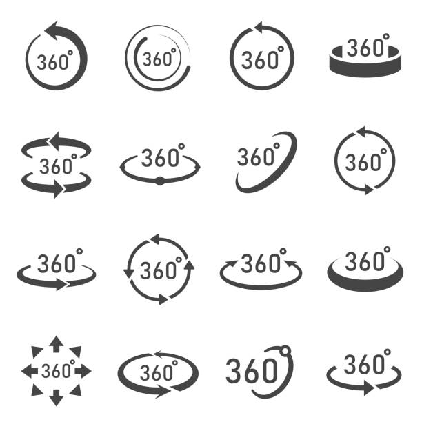 360 degree view glyph vector monochrome icons set 360 degree view glyph vector monochrome icons set. Panorama, camera viewing angles signs, virtual reality simple symbols pack. Figures and arrows collection isolated on white background 360 degree view stock illustrations