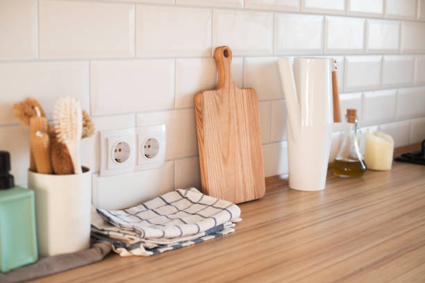 istock Interior details of light modern white kitchen. 1205500999