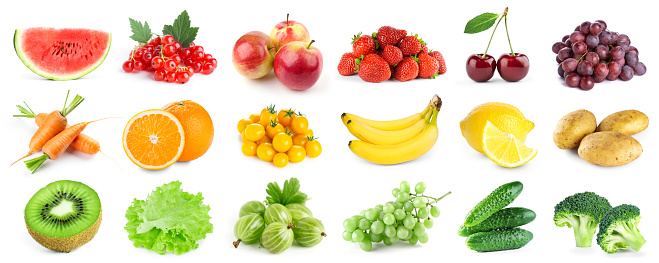 Collection of color fruits and vegetables on white background. Fresh food