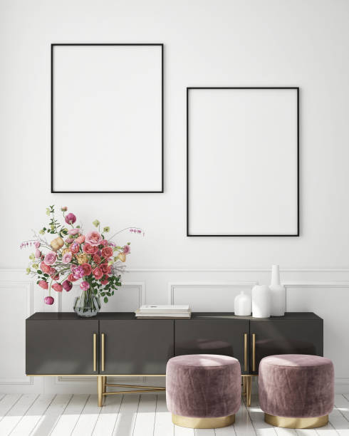 mock up poster frame in modern interior background, scandinavian style, 3D render