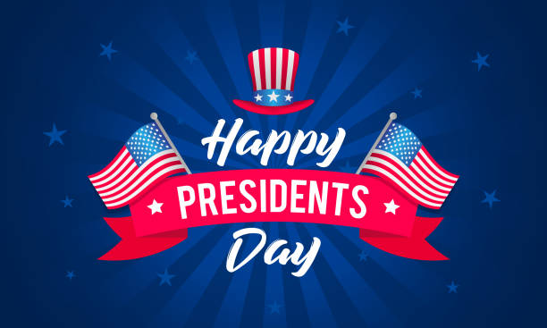 Happy Presidents Day Vector illustration. Text with uncle Sam's hat and USA flag waving on blue background Happy Presidents Day Vector illustration. Text with uncle Sam's hat and USA flag waving on blue background presidents day stock illustrations