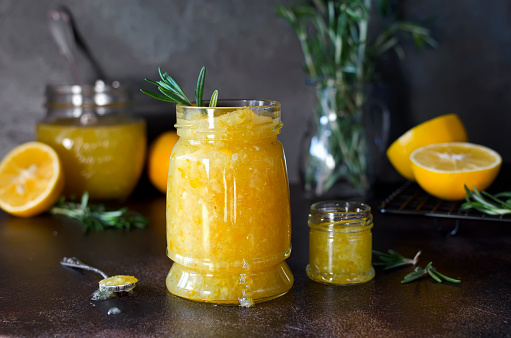 Homemade lemon jam with fresh lemons and sugar. Healthy food for breakfast