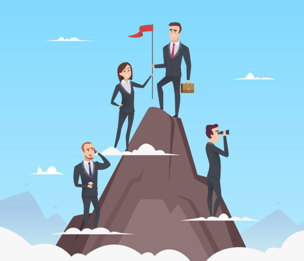 ilustrações de stock, clip art, desenhos animados e ícones de successful management. business growth up planning marketing team building good strategy confident vector concept - gear tall solution people