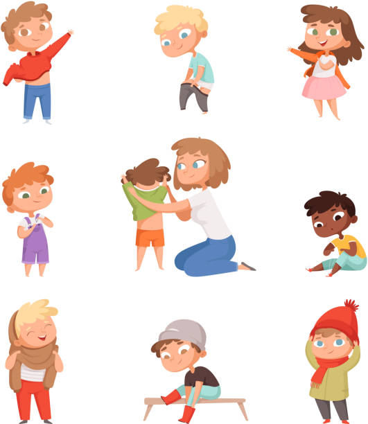 Dressing up kids. Children changing clothes dresses and pants with shoes vector pictures set Dressing up kids. Children changing clothes dresses and pants with shoes vector pictures set. Child clothing, clothes collection for boy and girl illustration getting dressed stock illustrations