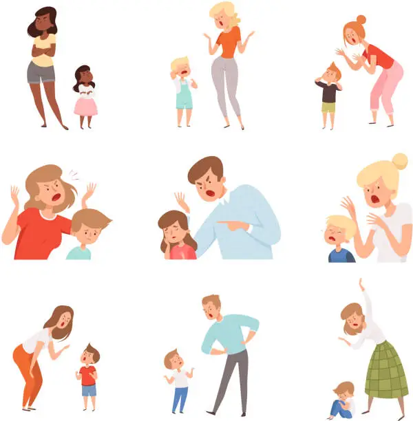 Vector illustration of Sad parents. Angry dad punish son scared kids expression reaction crying childrens vector pictures