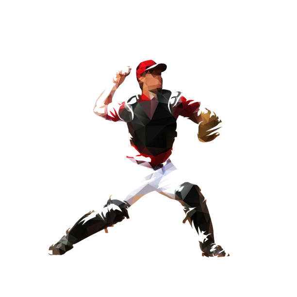 ilustraciones, imágenes clip art, dibujos animados e iconos de stock de cazador de béisbol lanzando pelota, ilustración vectorial poligonal baja aislada - baseball baseball player baseballs catching