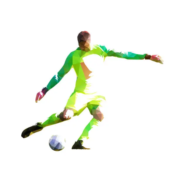 Vector illustration of Goalkeeper kicking ball, soccer player, low poly isolated vector illustration