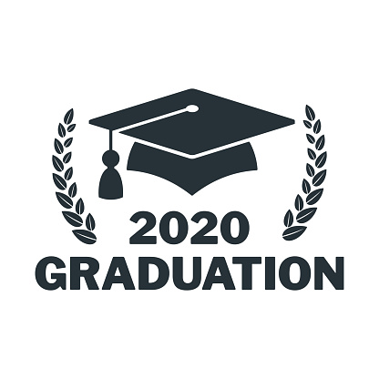 Graduate cap black logo with laurel wreath, branch. University mortarboard. Badge for banner, poster or flyer. Graduation party. Congratulation with Scientific degree, academic title. Flat vector.