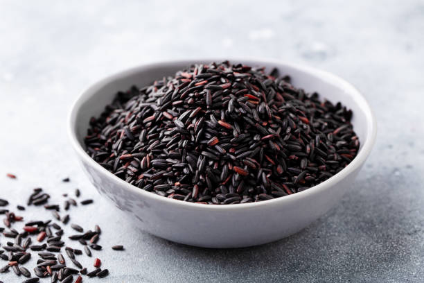 istock Black wild rice in a bowl. Grey stone background. Close up. 1205508612
