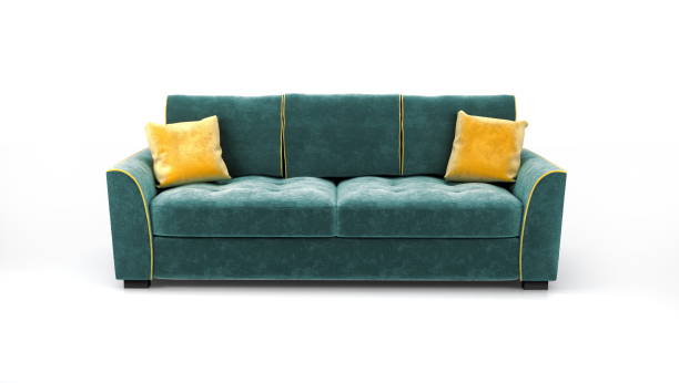 istock Green velvet sofa with yellow cushions isolated on white background. 3 d object. 3 d illustration. 1205511015