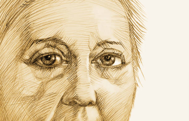 Fashionable retro illustration allegory  old age work of art my sepia pencil drawing on paper impressionism original horizontal symbolic isolated portrait face sad look old woman on white paper background Fashionable retro illustration allegory  old age work of art my sepia pencil drawing on paper impressionism original horizontal symbolic isolated portrait face sad look old woman on white paper background sad old woman stock illustrations