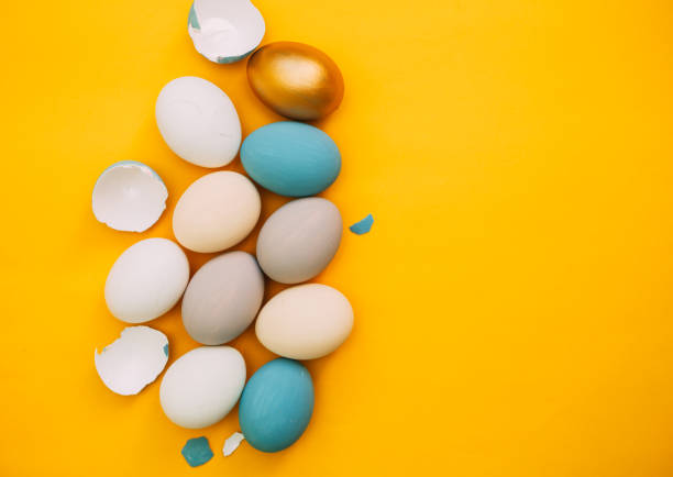 istock Easter eggs, colorful flat lay with copy space for text, easter holiday card 1205514299