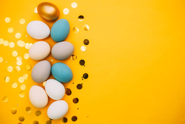 istock Easter eggs, colorful flat lay with copy space for text, easter holiday card 1205514333