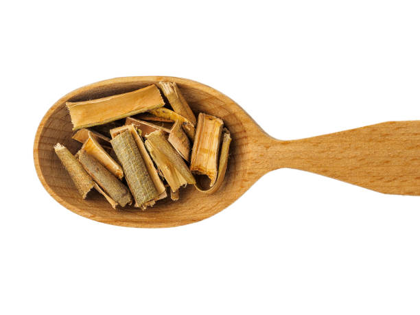 corteccia di salice secca in cucchiaio di legno su sfondo bianco - chinese medicine herb pill nutritional supplement foto e immagini stock