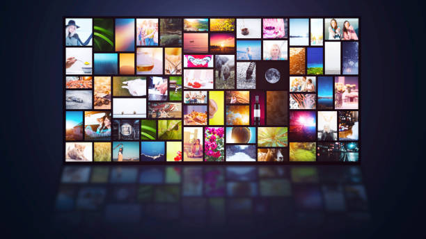 streaming tv servicio de internet múltiples canales de pantalla fondo - redes sociales fotos fotografías e imágenes de stock