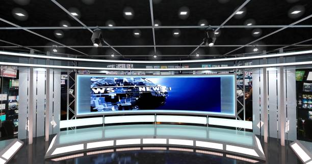 istock TV Studio News Set. 3d Rendering. 1205527258
