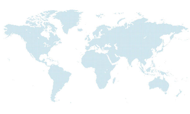 ilustraciones, imágenes clip art, dibujos animados e iconos de stock de mapa del mundo punteado azul 1. tamaño normal. - world map
