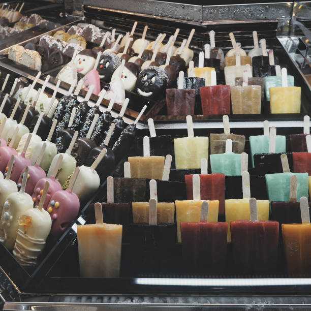 Homemade ice cream in various flavors, in the fridge