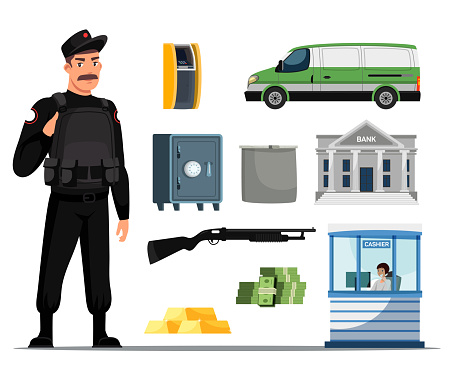 Collector male character and bank accessories set. Bank building facade, cash collection car van, shotgun, safe, ATM, paper money banknotes, gold bars, bag, cashier at workplace. Vector illustration