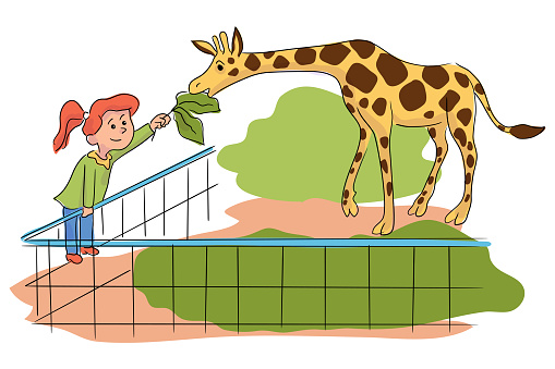 Vetores de Menina De Desenho Animado Alimentando Girafa Em Zoológico De