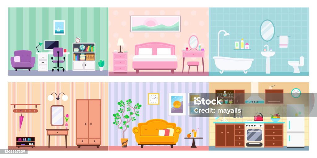 Vektorset Von Verschiedenen Hauszimmern Innenausstattung Stock Vektor Art  und mehr Bilder von Puppenhaus - iStock
