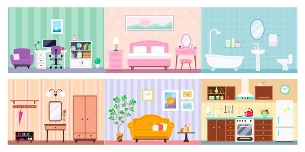 ilustraciones, imágenes clip art, dibujos animados e iconos de stock de conjunto vectorial de diferentes habitaciones interiores de la casa - bathroom item