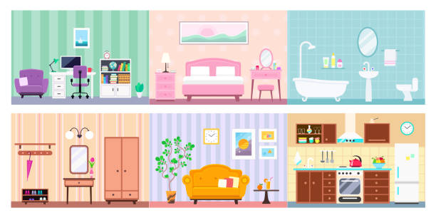 Vector set of different house rooms interior House in cut: hallway, kitchen, bathroom, living room, workplace, bedroom interiors with furniture. Vector flat illustration part of house stock illustrations