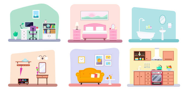 Vector set of different rooms minimalist design Set of different rooms interior minimalist design. Vector flat illustration isolated on white background bedroom stock illustrations