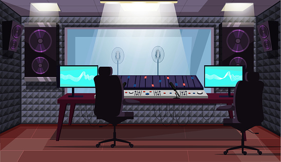 Empty sound recording studio with professional equipment. Computer, mixing console, loudspeakers, microphones under glass window, armchairs. Vector cartoon room with furniture illustration