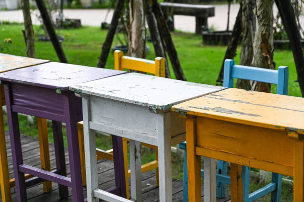 istock Colorful desks and chairs placed outdoors. 1205538792