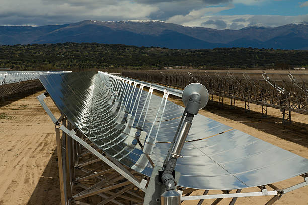 Parabolic solar trough collector CSP This is a CSP Solar Trough Collector utilized to generate solar power. heliostat photos stock pictures, royalty-free photos & images