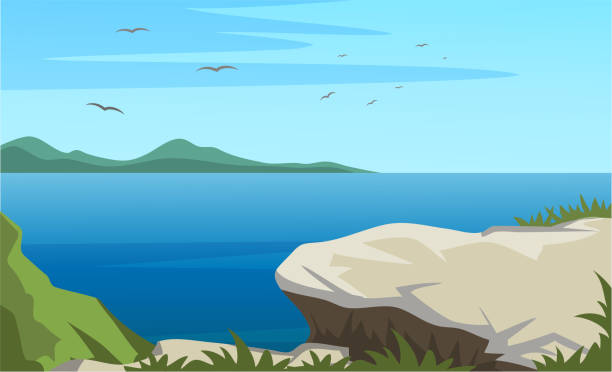 ilustrações, clipart, desenhos animados e ícones de vista panorâmica do topo do penhasco de pedra na superfície da água - ocean scenic illustrations