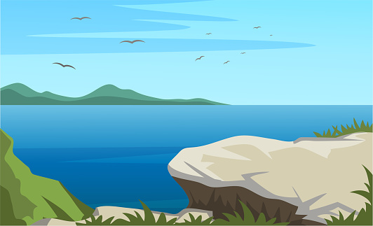 Scenic view from stone cliff top on water surface. Cartoon birds or seagull flying in sky above large lake, mountain river or sea. Tranquility and peace picture. Natural landscape. Vector illustration