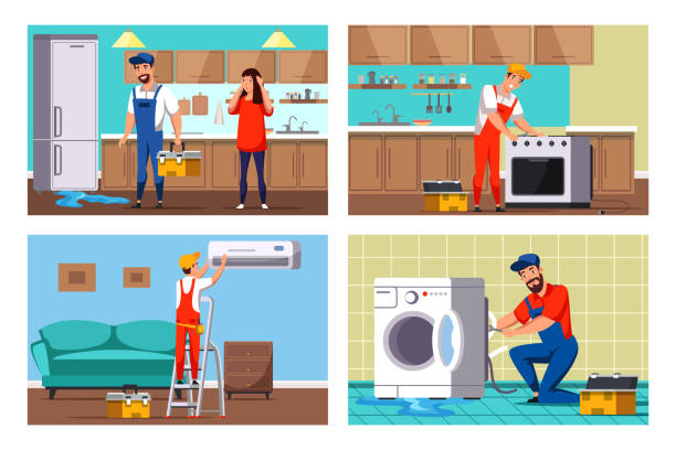 Appliance repair service people cartoon scene set Home appliance repair service people cartoon scene set. Housewife and faulty household equipment. Workers with repairing broken washing machine, refrigerator, stove, conditioner. Vector illustration appliance repair stock illustrations