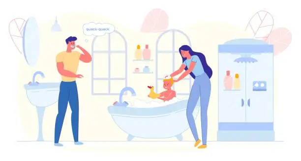 Vector illustration of Son Having Bath with Duck, Mother Washing Child.