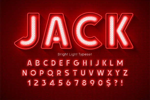 ilustrações, clipart, desenhos animados e ícones de alfabeto 3d de luz neon, tipo moderno extra brilhante. - red text