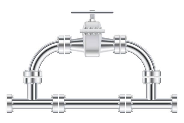 플랜지와 워터 밸브가있는 금속 크롬 파이프. - flange stock illustrations