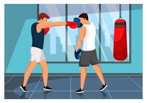 ilustraciones, imágenes clip art, dibujos animados e iconos de stock de entrenamiento de boxeo hombre practicando golpes en el gimnasio deportivo - healthy lifestyle men boxing dumbbell
