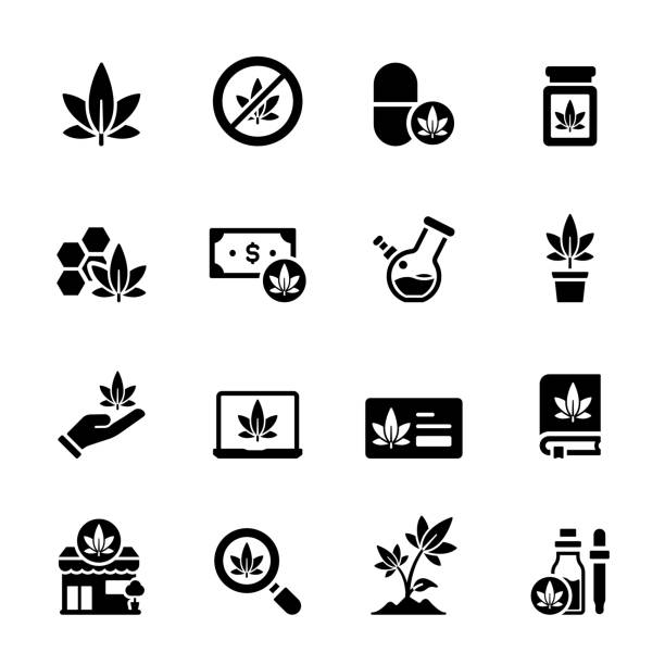 prosty zestaw ikon wektorowych związanych z konopiami indyjskimi. kolekcja symboli - narcotic medicine symbol marijuana stock illustrations