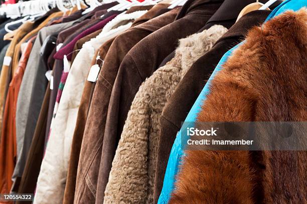 Closeup Secondhand Winter Coats And Jackets Hanging In Shop Stock Photo - Download Image Now